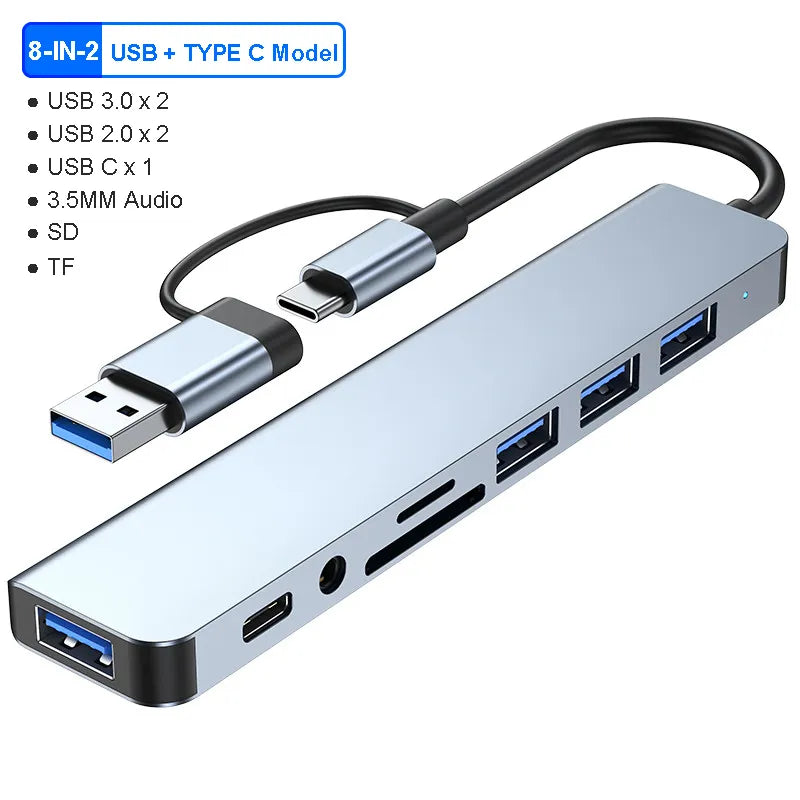 Adaptador USB tipo C para USB OTG para Macbook Pro, 8 em 2, USB 3.0, transmissão de alta velocidade