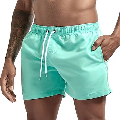 Calção de banho com secagem rápida masculina, respirável, cordão com bolsos, surfe, shorts de praia, verão