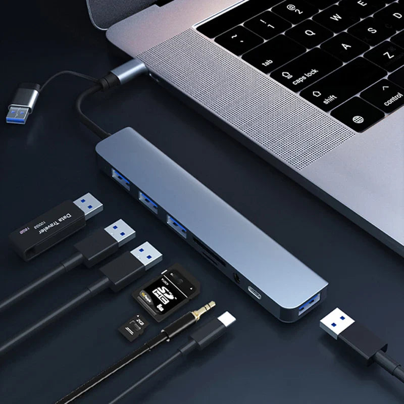 Adaptador USB tipo C para USB OTG para Macbook Pro, 8 em 2, USB 3.0, transmissão de alta velocidade