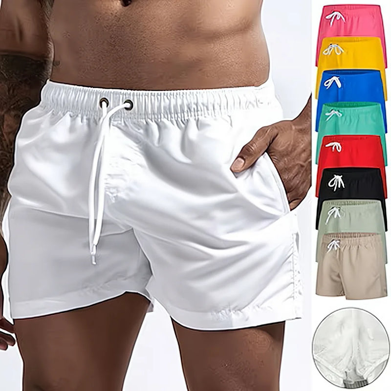 Calção de banho com secagem rápida masculina, respirável, cordão com bolsos, surfe, shorts de praia, verão