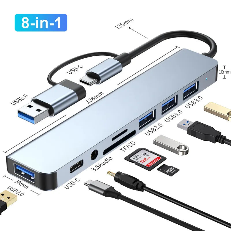 Adaptador USB tipo C para USB OTG para Macbook Pro, 8 em 2, USB 3.0, transmissão de alta velocidade