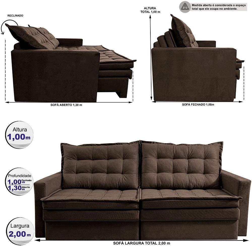 Sofá Sem Caixa Retrátil Baú 2,00m Cama inBox Secret Suede Velusoft Café