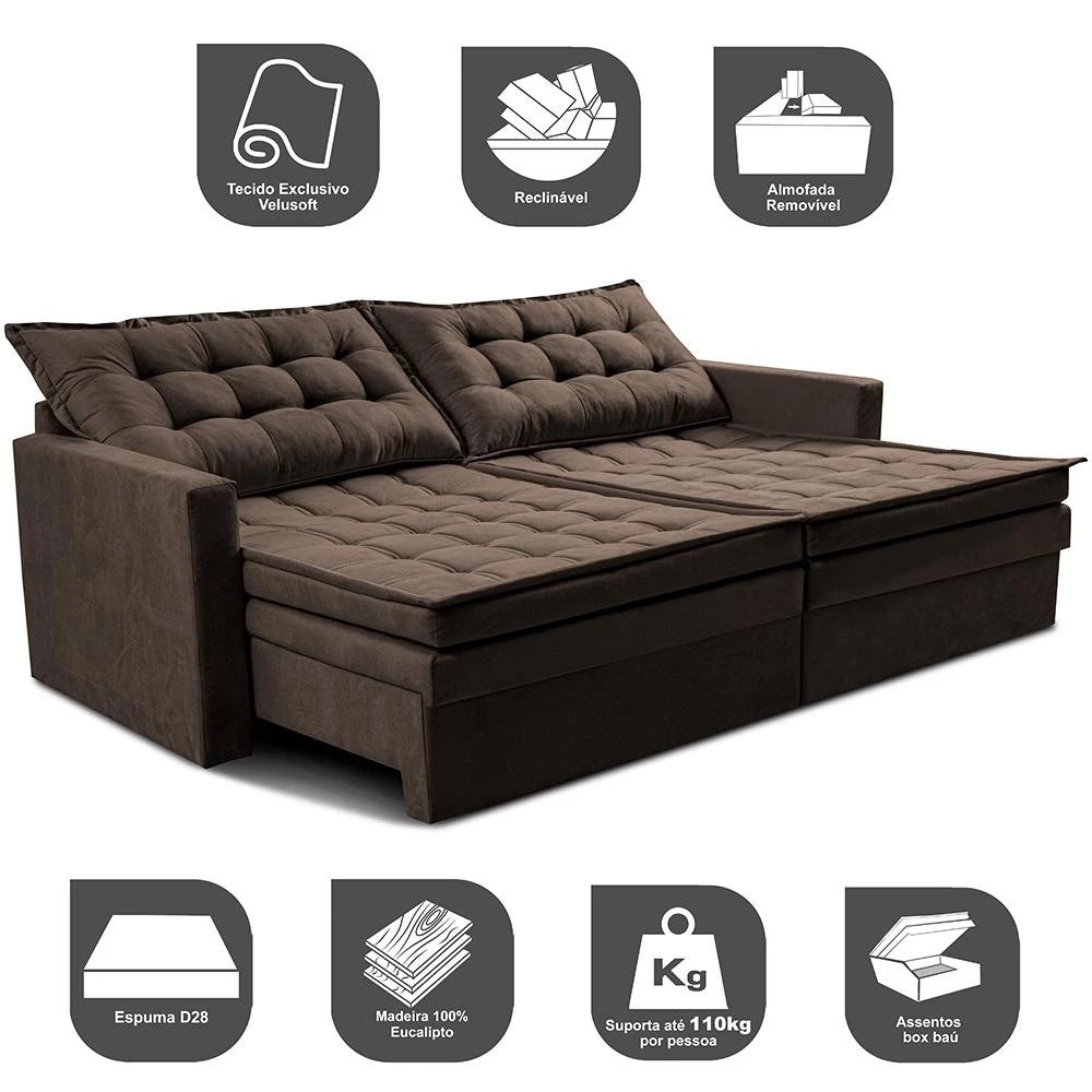 Sofá Sem Caixa Retrátil Baú 2,00m Cama inBox Secret Suede Velusoft Café