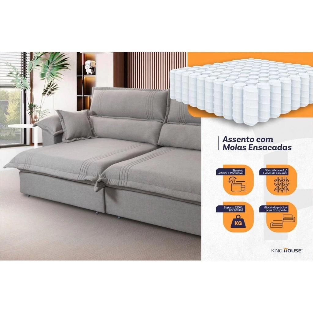 Sofá Retrátil Reclinável 2,30m Nivus Cinza c/ Molas Ensacadas - King House