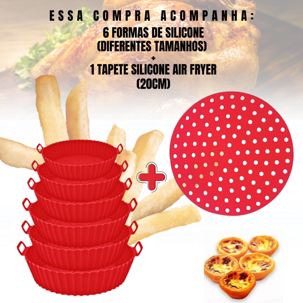 Kit Airfryer Tapete Antiaderente + 6 Formas Silicone Tamanhos Variados Microondas Forno Lavável