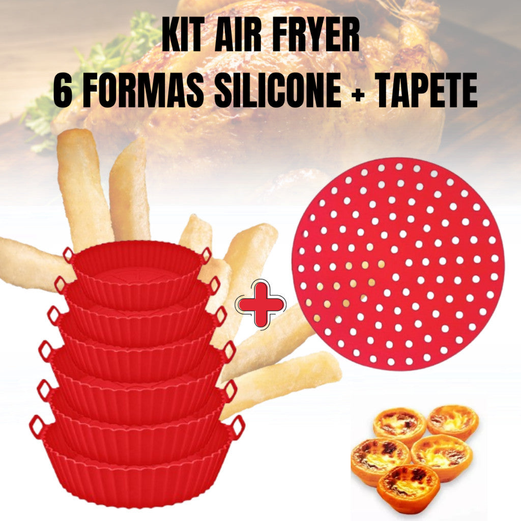 Kit Airfryer Tapete Antiaderente + 6 Formas Silicone Tamanhos Variados Microondas Forno Lavável